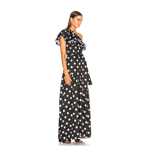 Caroline Constas Rhea Polka Dot One Shoulder Gown Sz M Ruffle Lightweight Belted - Picture 2 of 11